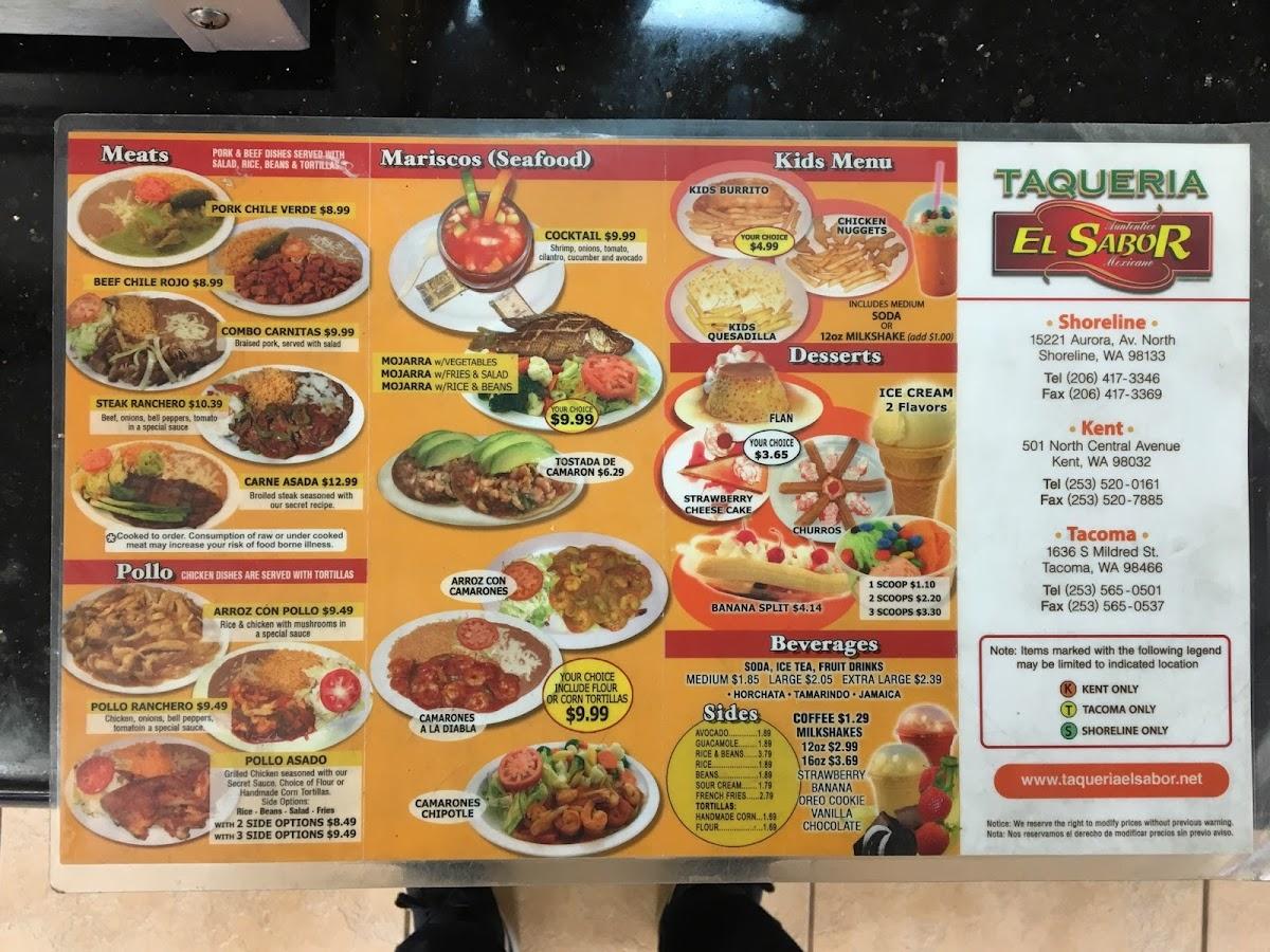 Menu at Taqueria El Sabor restaurant, Tacoma, S Mildred St