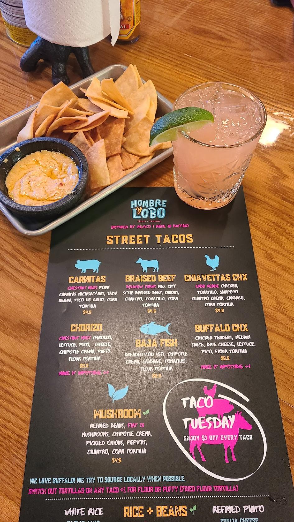 Menu at Hombre y Lobo Tacos + Tequila pub & bar, Buffalo