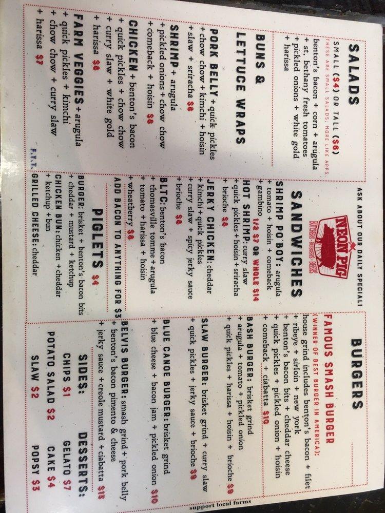 Menu at Neon Pig Tupelo cafe, Tupelo