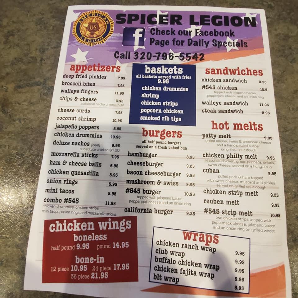 Menu at Spicer American Legion Post #545 pub & bar, Spicer