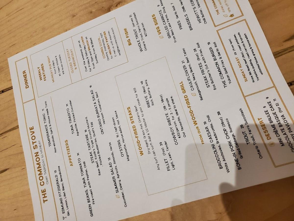 Menu at The Common Stove steakhouse, Orillia