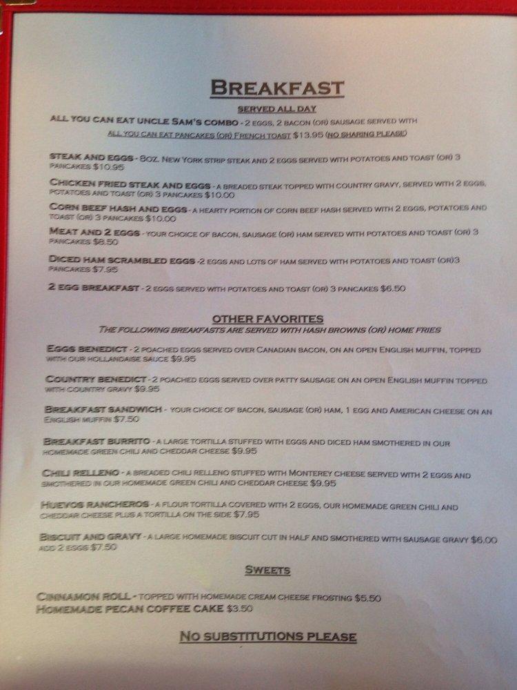 Menu at Uncle Sam's Pancake House restaurant, Manitou Springs