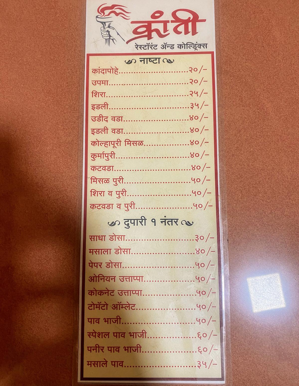 Menu at Kranti Hotel, Gargoti