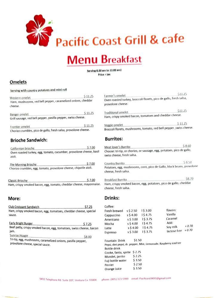 Menu at Pacific Coast Grill & Café restaurant, Ventura