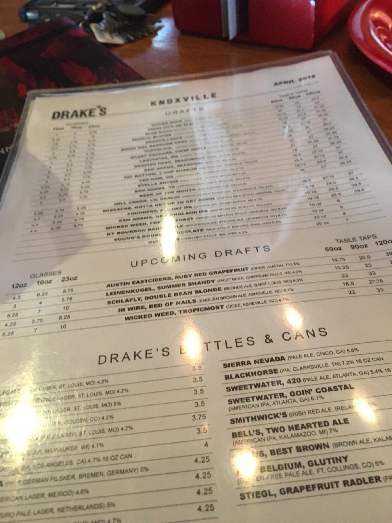 Menu at Drake's Knoxville restaurant, Knoxville