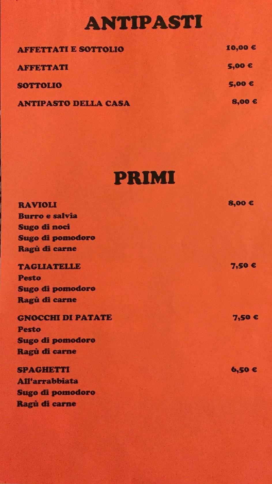Menu da La Stua ristorante, Badalucco