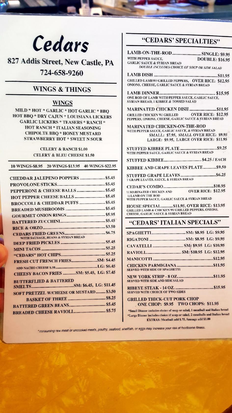 Menu at Cedars restaurant, New Castle