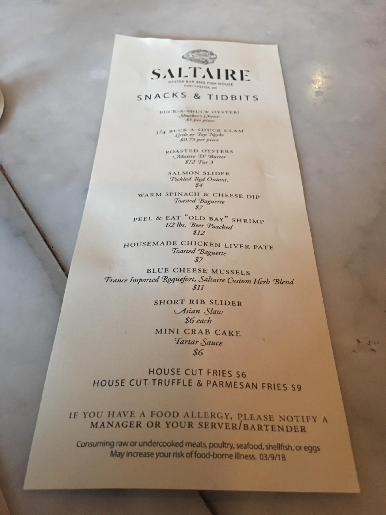 Menu at Saltaire Oyster Bar and Fish House, Port Chester