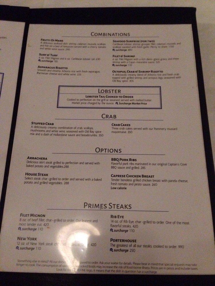 Menu at Captain's Cove steakhouse, Cancún, Blvd. Kukulcan KM16.5