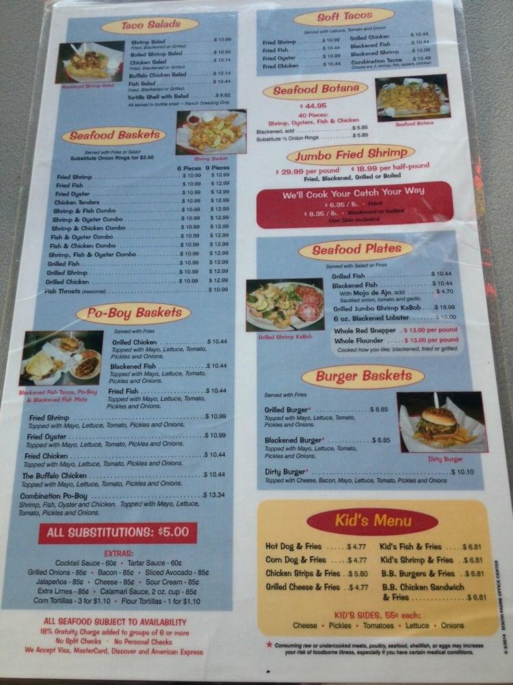 Menu at Dirty Al's restaurant, South Padre Island, State Park Rd 100