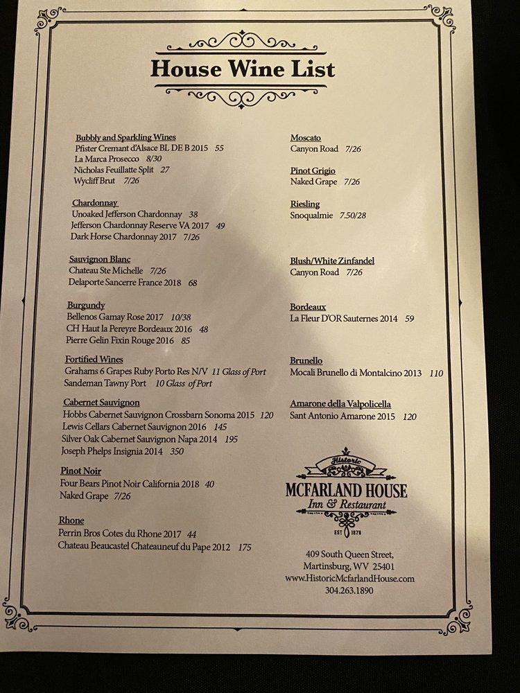 Menu at Historic McFarland House restaurant, Martinsburg