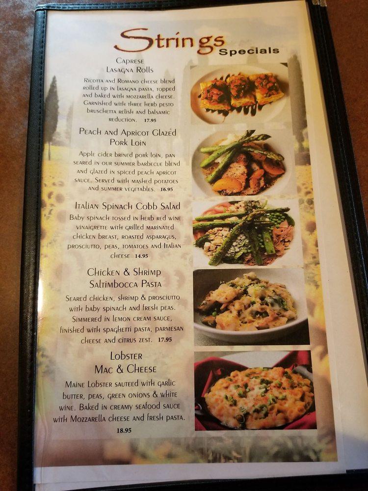 Menu at Strings cafe, Merced