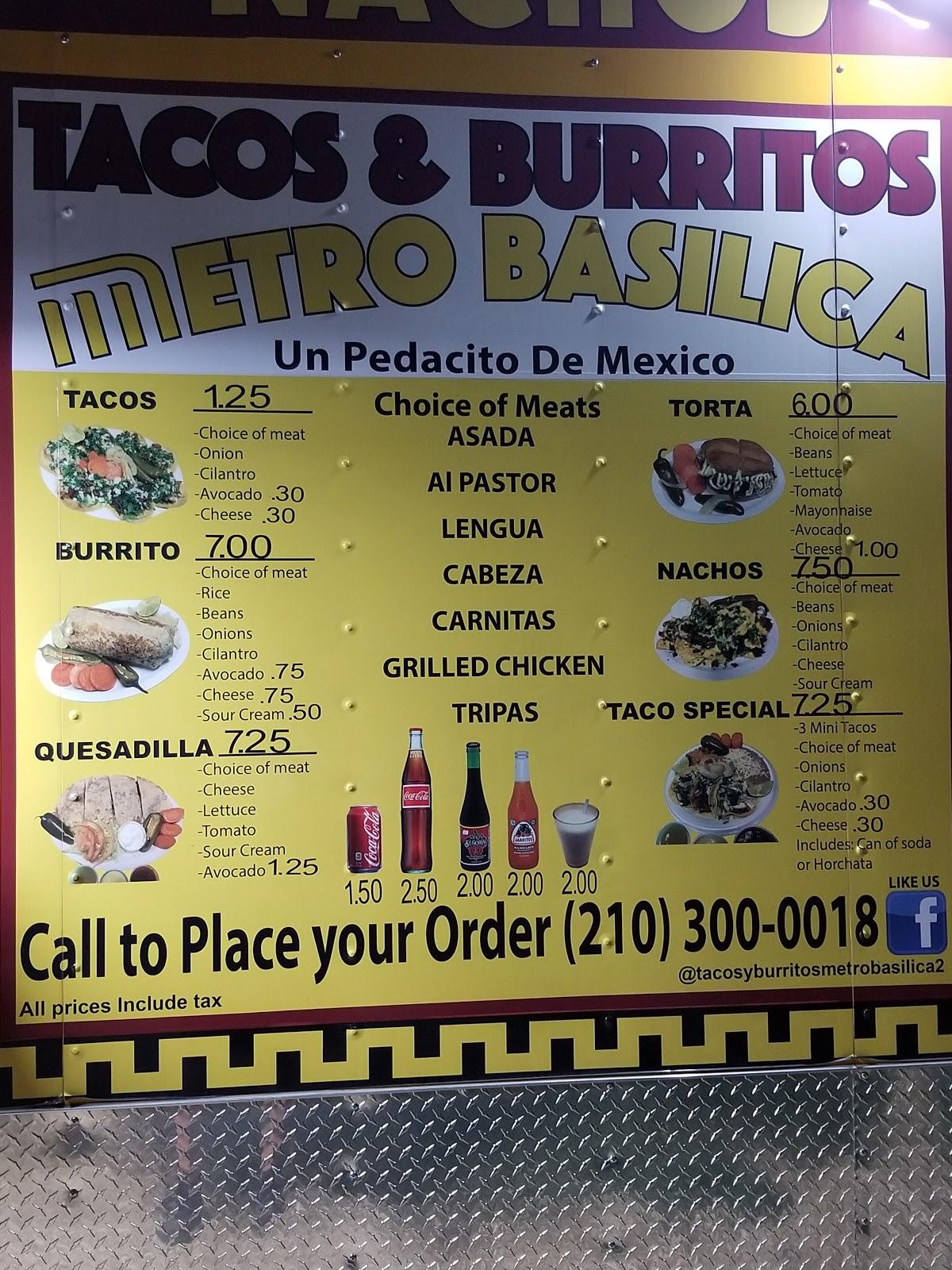 Menu at Tacos y Burritos Metro Basilica 2 Taco truck restaurant, San