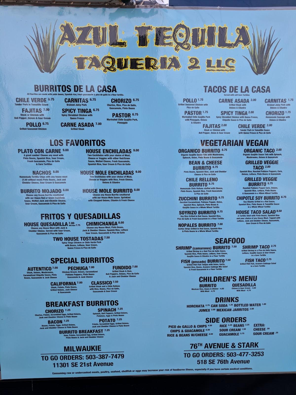 Carta del restaurante Azul Tequila Taqueria, Portland, SE Powell Blvd