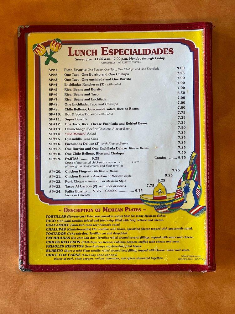 Menu at El Mexicano restaurant, New Iberia