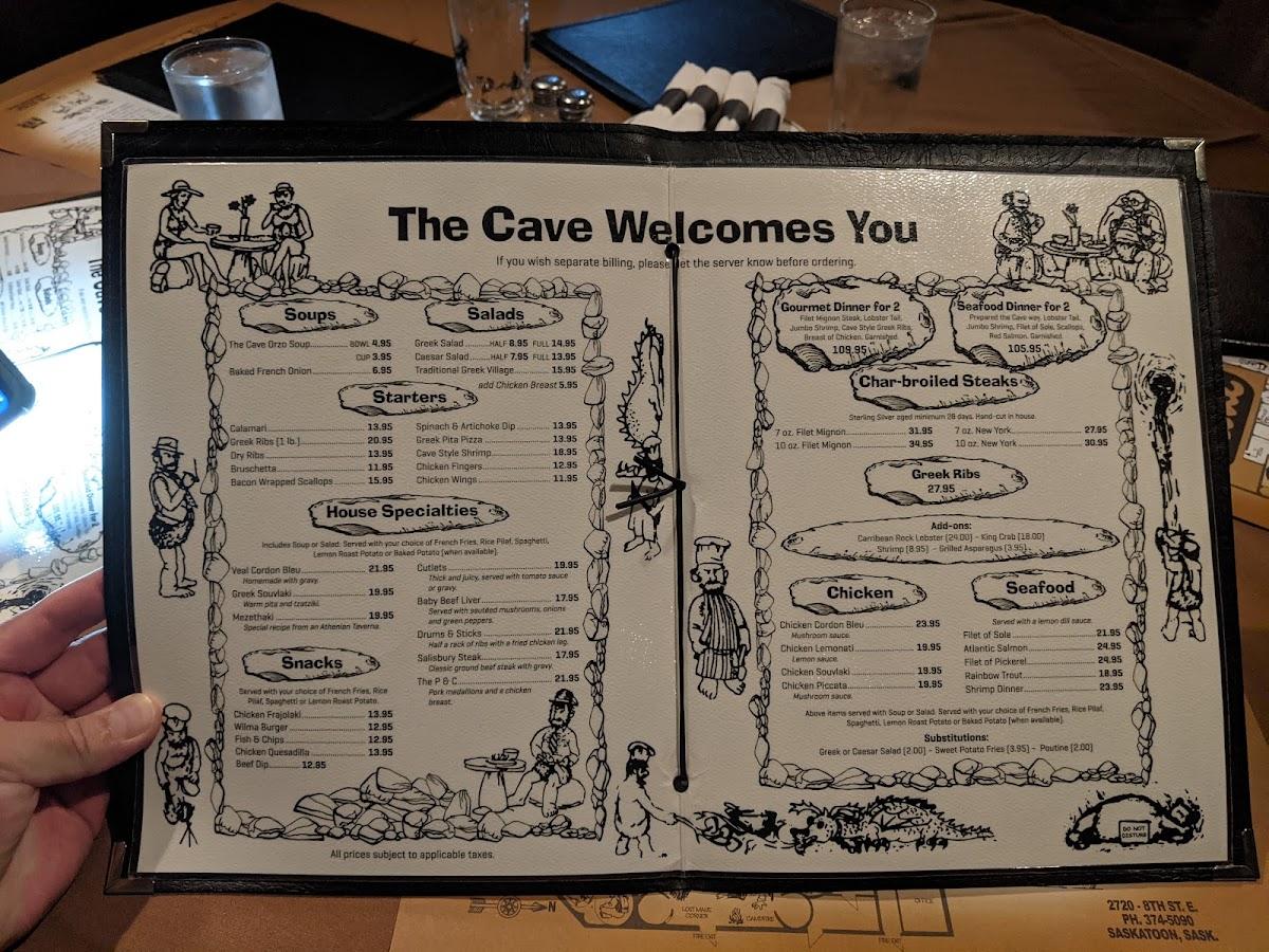 Menu at The Cave restaurant, Saskatoon