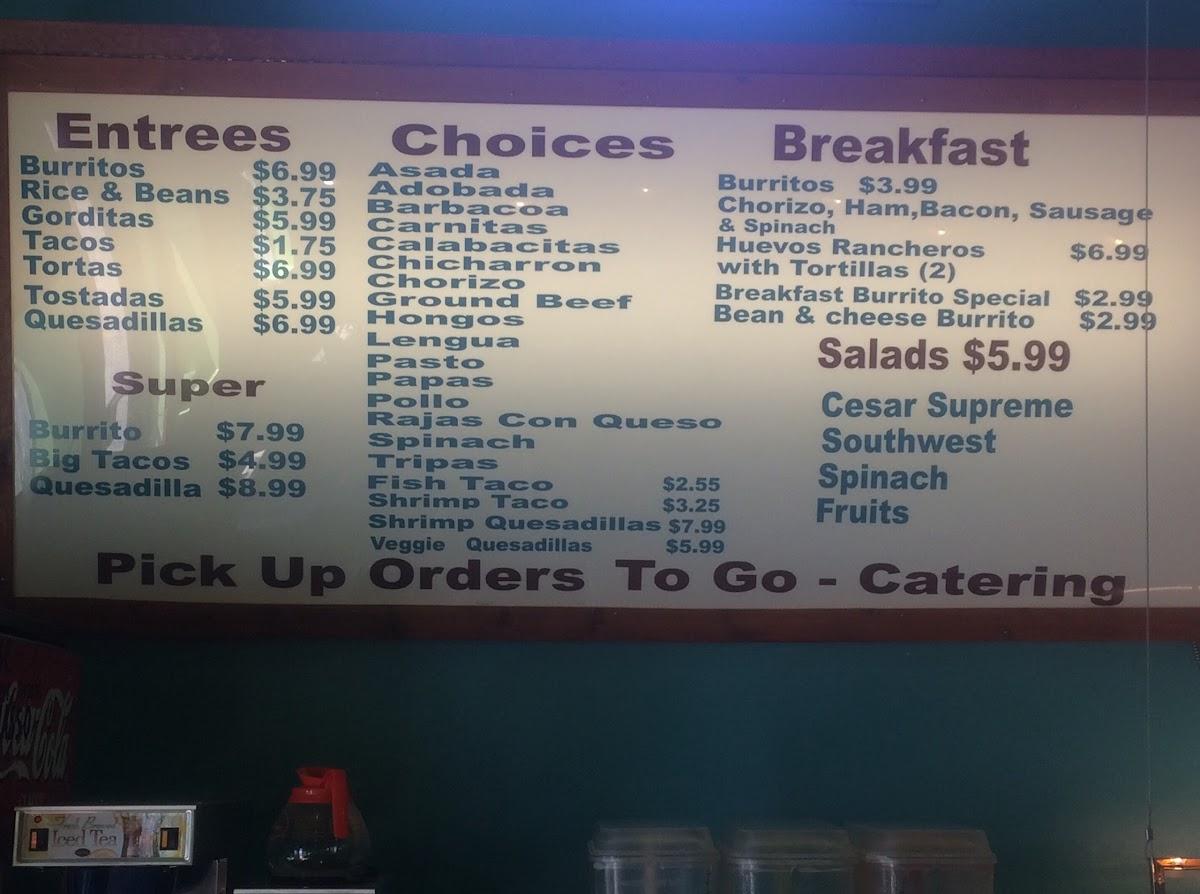 Menu at Mi Taquito restaurant, Alamosa