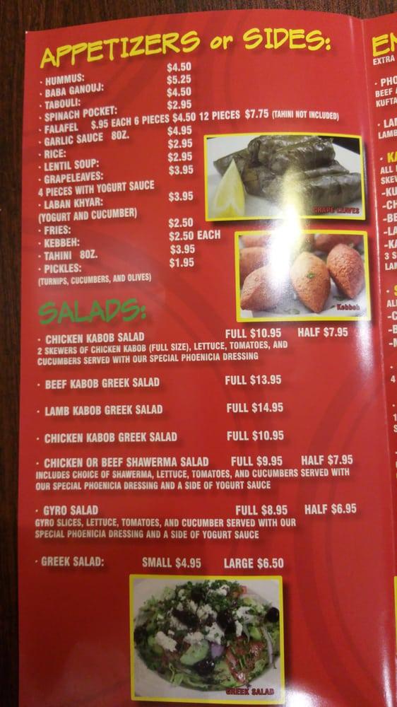 Menu at Phoenicia restaurant, Redlands