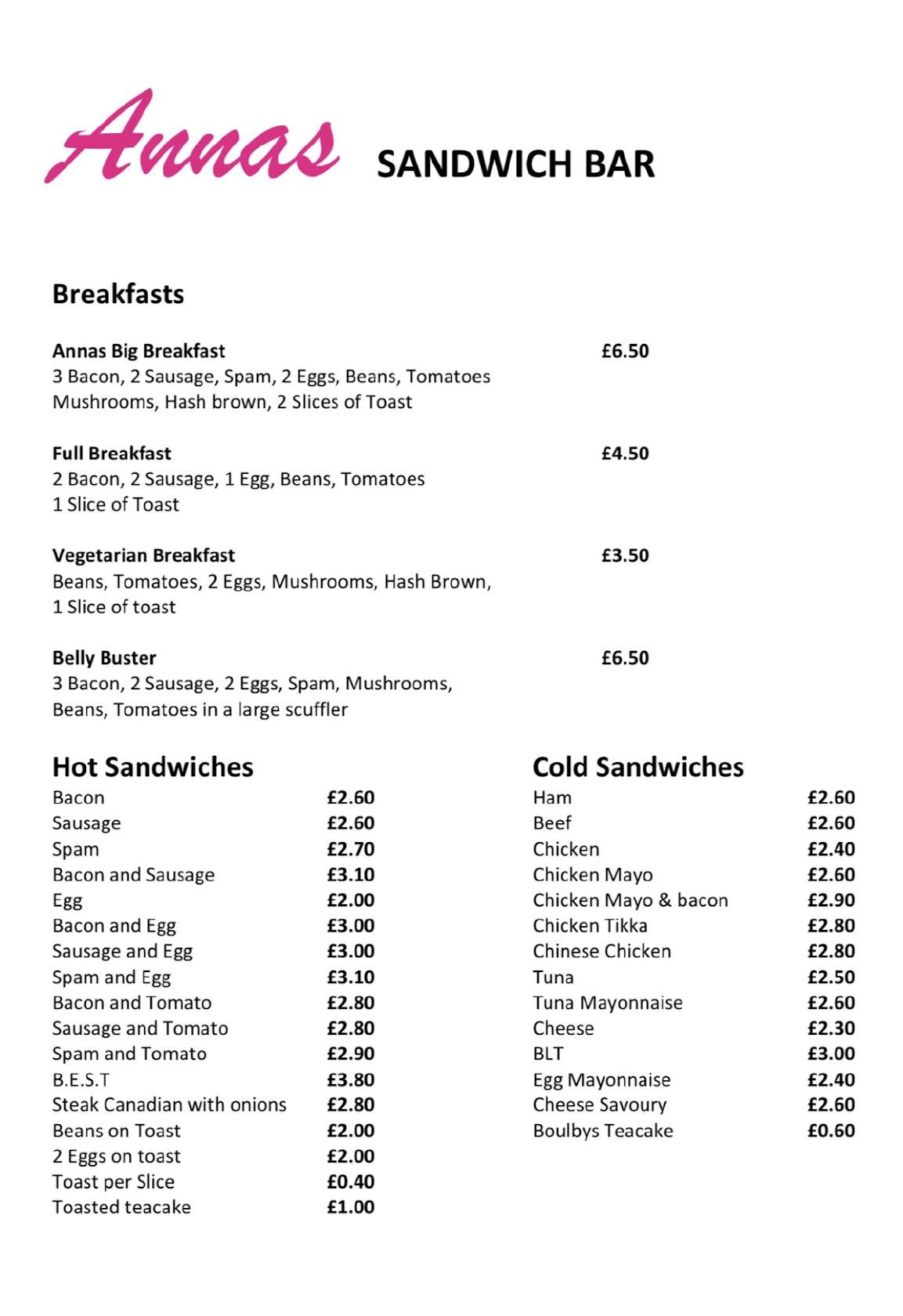 Menu at Annas Sandwich Bar, Wakefield