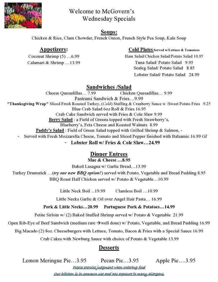 Menu at McGovern's Family Restaurant, Fall River