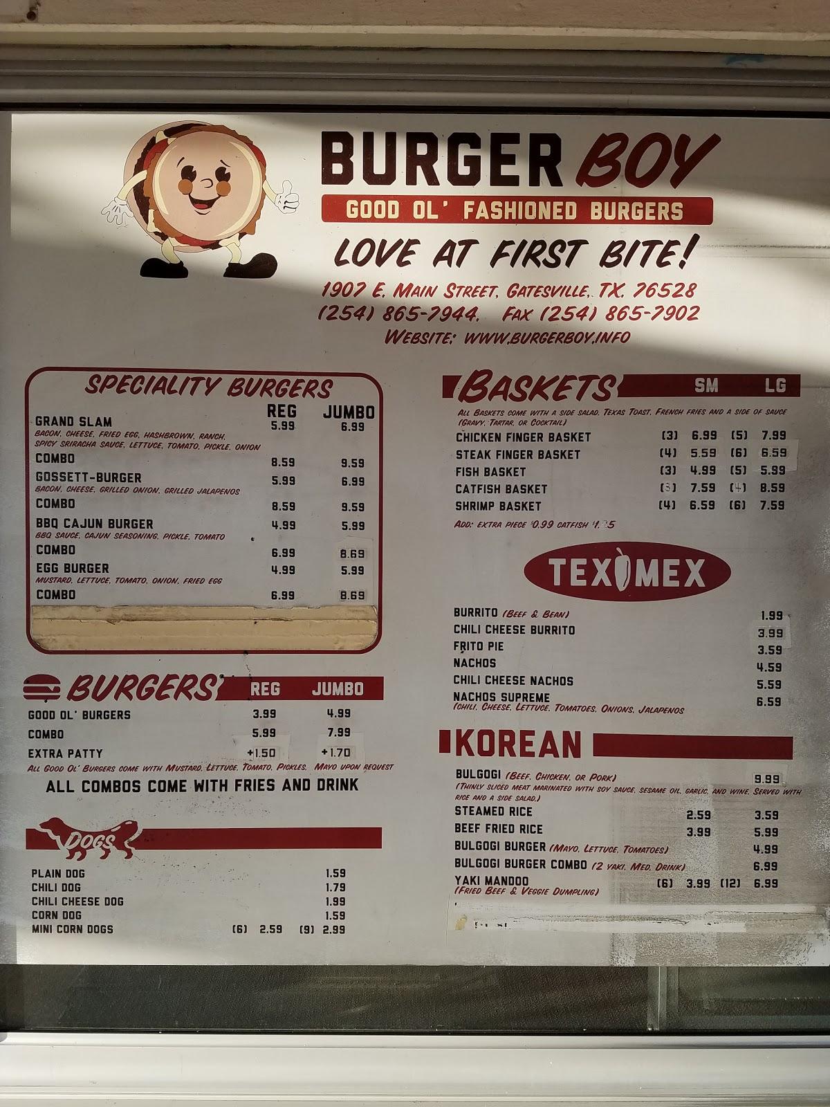Menu at Burger Boy fast food, Gatesville