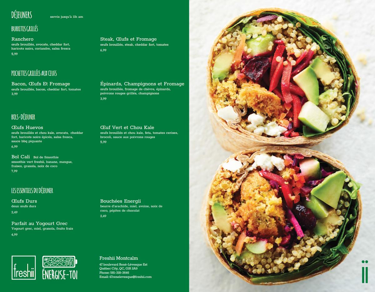 Menu at Freshii fast food, Québec City, 47 Bd RenéLévesque E