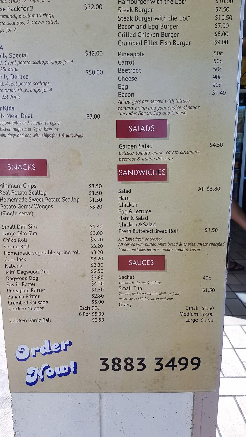 Menu at Groovy Groper fast food, Clontarf