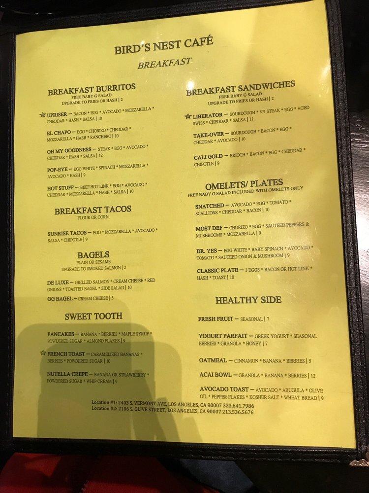 Menu at Bird's Nest Cafe, Los Angeles, S Olive St