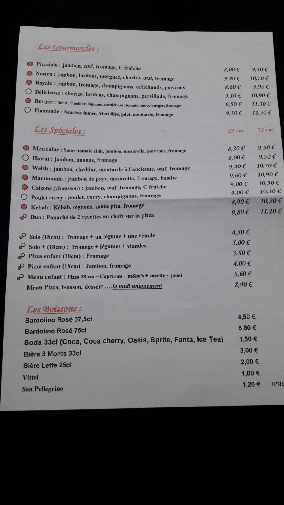 Menu au Pizza Nostra pizzeria, Bailleul, 244 Rue de Lille