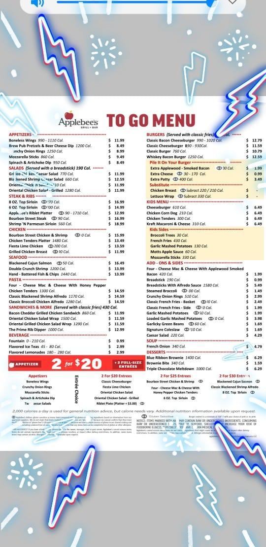 Menu at Applebee's restaurant, Fergus Falls