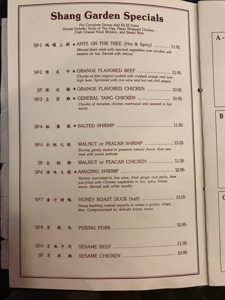 Menu at Shang Garden Chinese Restaurant, Colfax