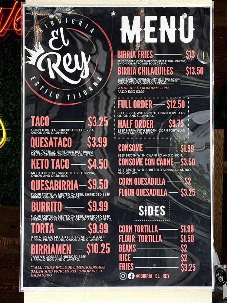 Menu at Birria El Rey restaurant, San Diego