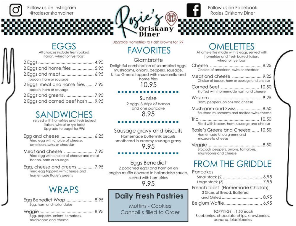 Menu at Rosie's Oriskany Diner cafe, Oriskany, NY69