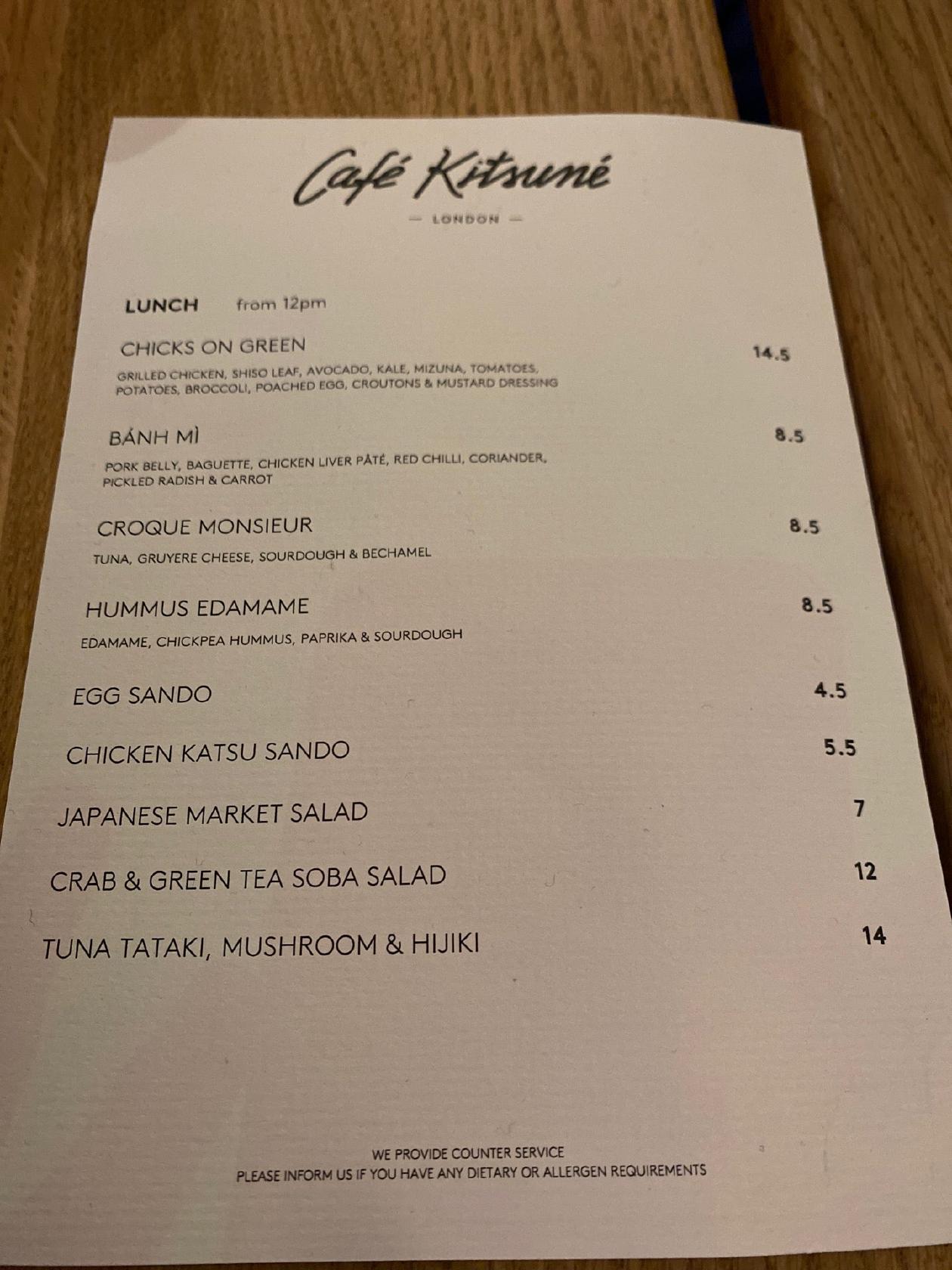 Menu at Café Kitsuné London cafe, London
