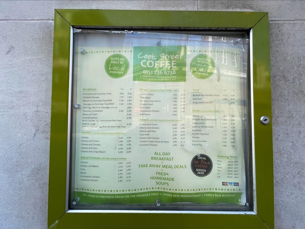 Menu at Cook Street Coffee cafe, Liverpool