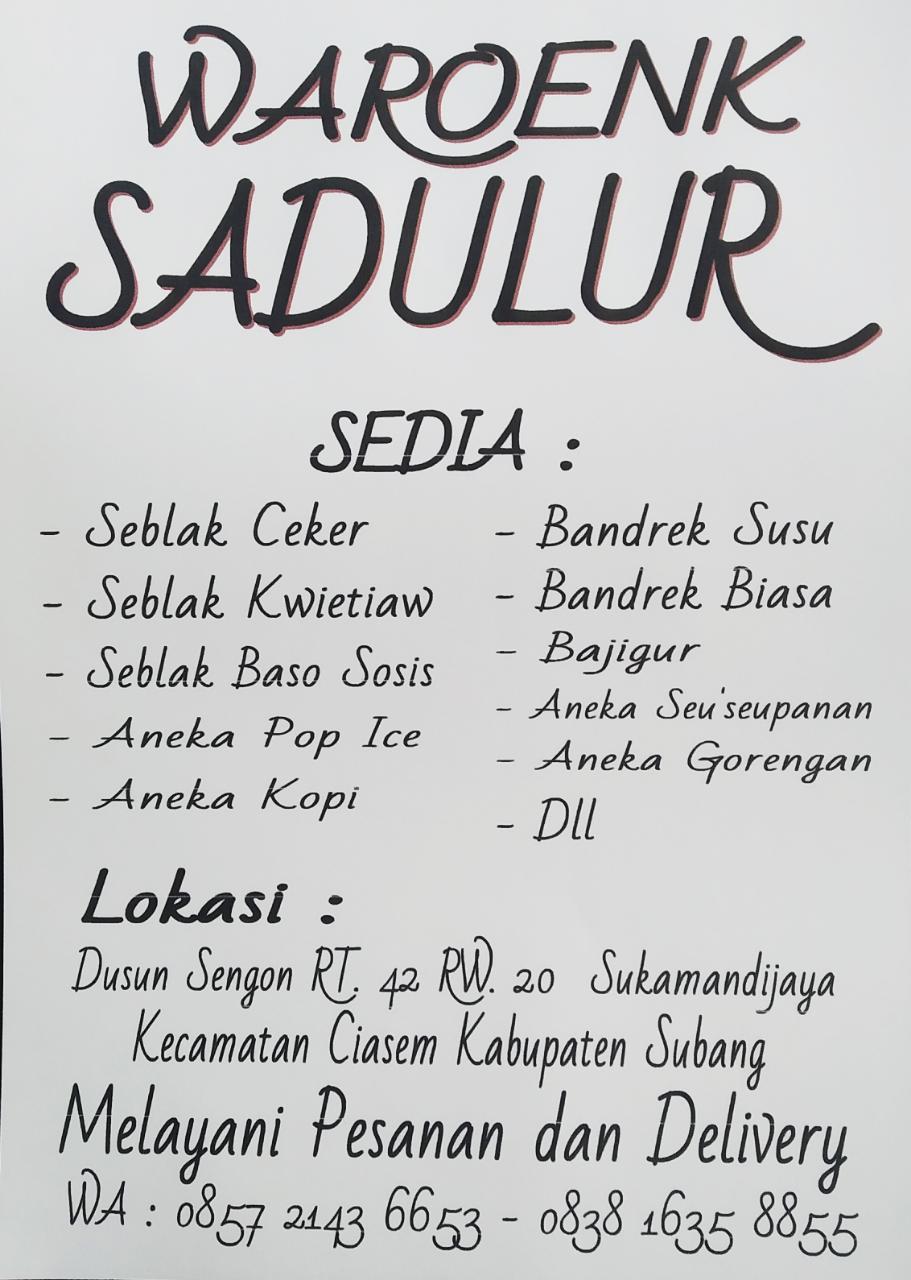 Menu at WAROENK SADULUR cafe, Ciasem Girang