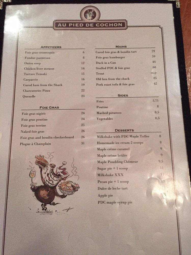 Menu au Au Pied de Cochon restaurant, Montréal, 536 Av. Duluth E