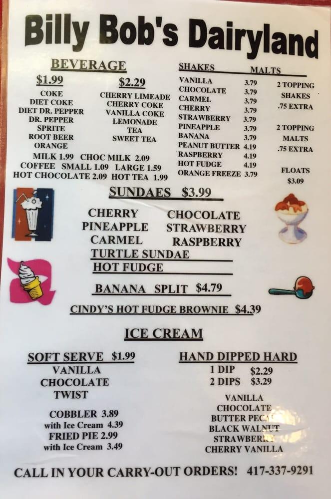 Menu at Billy Bob's Dairy Land restaurant, Branson, W 76 Country Blvd