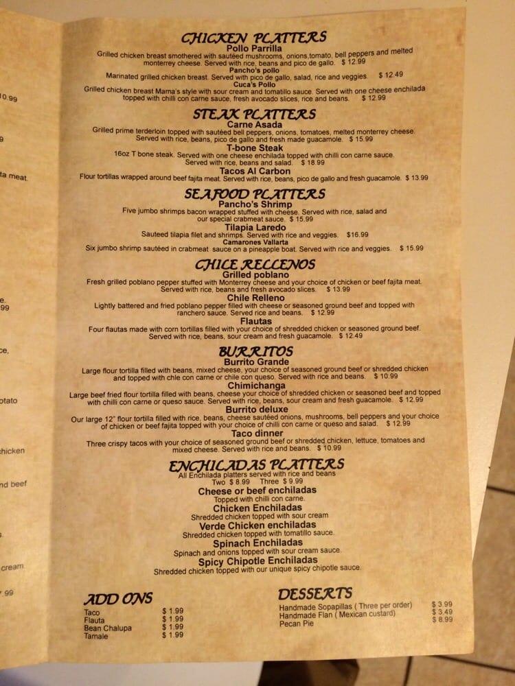 Menu at Maria Cuca's Mexican Cuisine restaurant, Keller