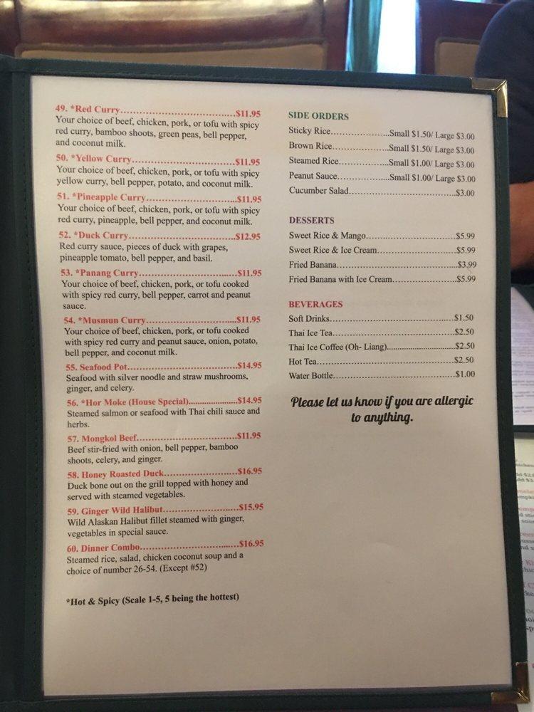 Menu at Thai Jasmine restaurant, Gardnerville