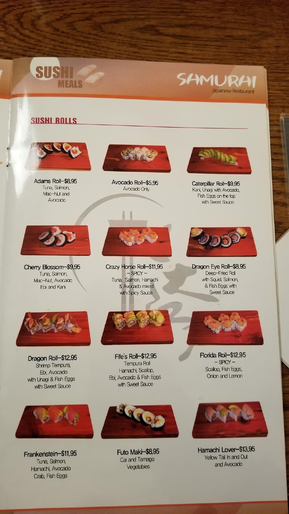 Menu at Samurai Japanese Restaurant, Salinas
