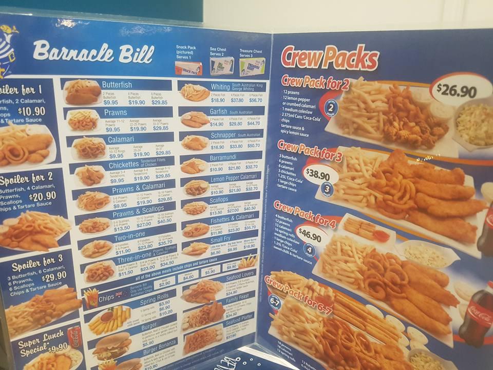 Menu at Barnacle Bill, Marden, across from Marden Shopping Centre