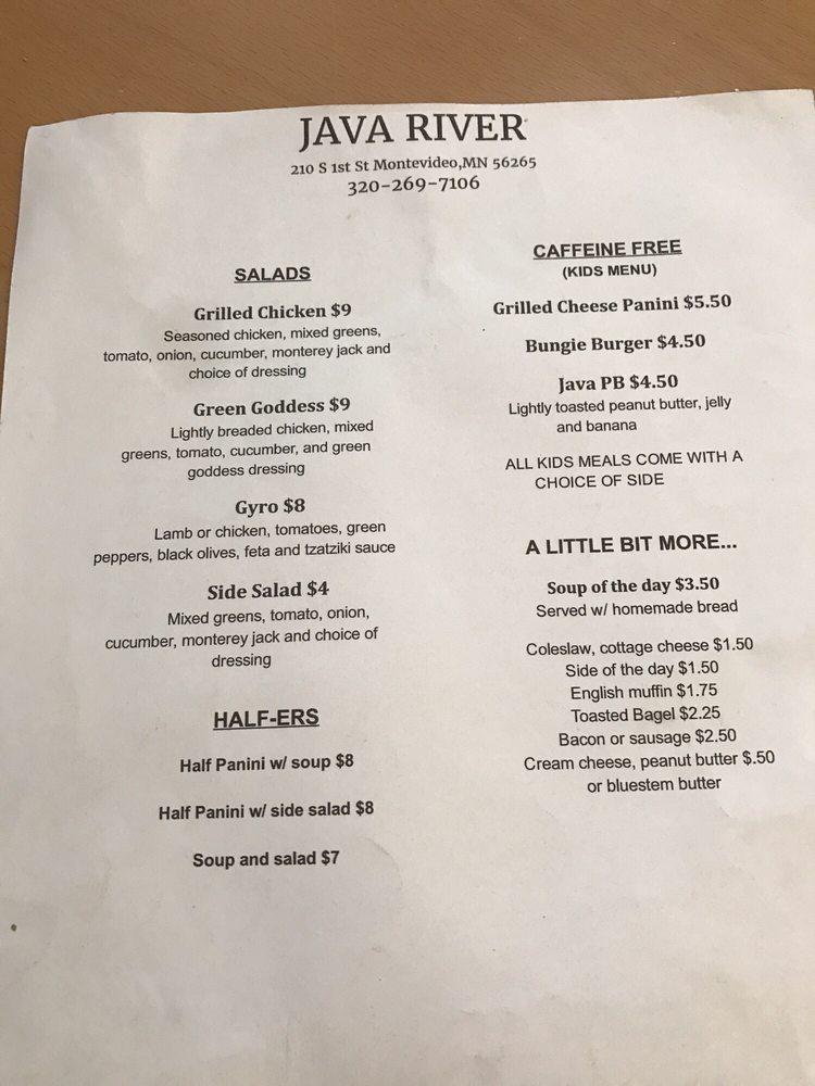 Menu at Java River cafe, Montevideo, 210 S 1st St
