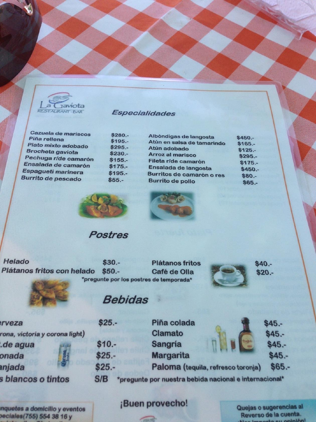 Carta de LA GAVIOTA RestaurantBar, Zihuatanejo, P.º de La Bahía 73