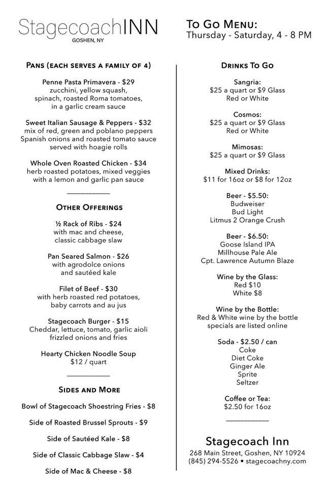 Menu at Stagecoach Inn, Goshen NY pub & bar, Goshen