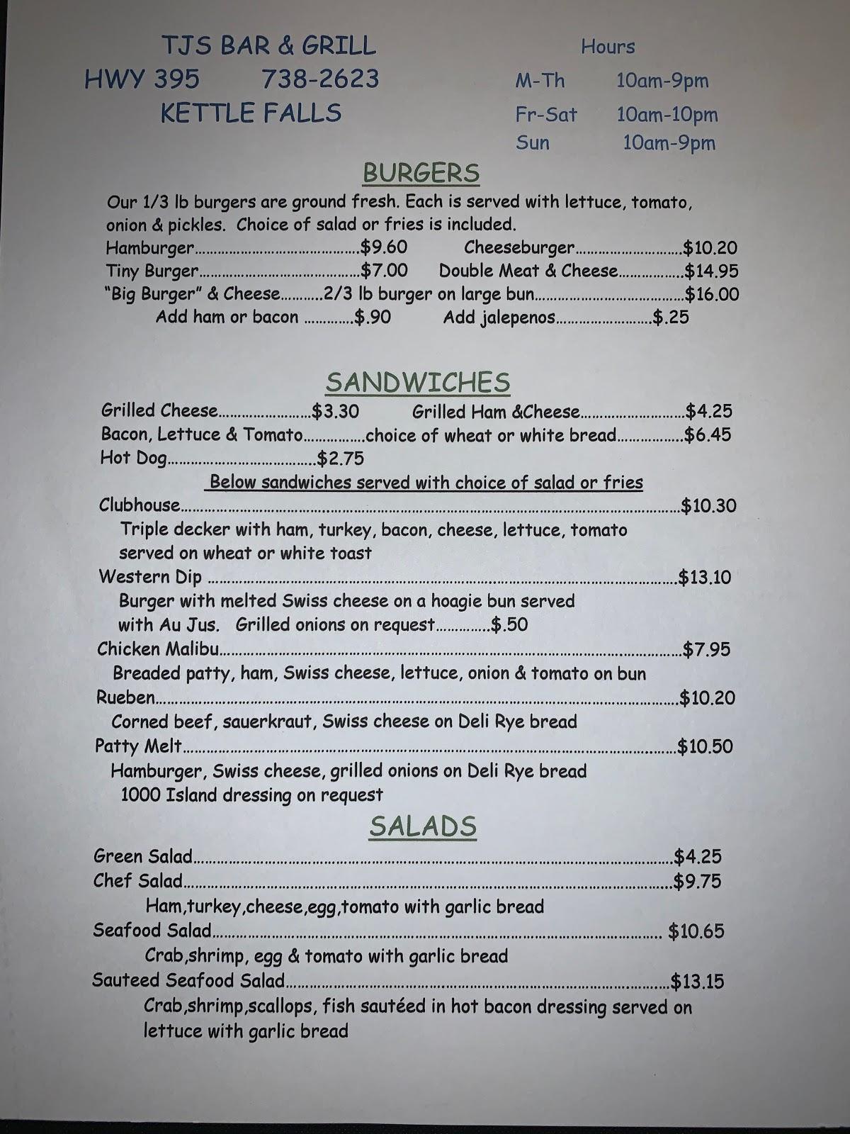 Menu At Tj's Hometown Bar & Grill, Kettle Falls