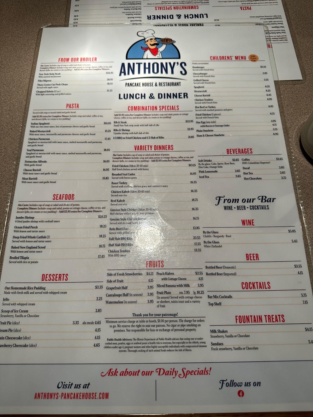 Menu at Anthony's Pancake House & Restaurant, Lockport