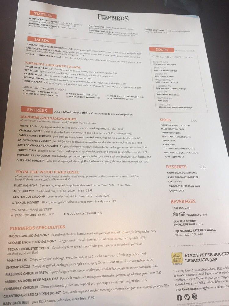 Menu at Firebirds Wood Fired Grill pub & bar, Indianapolis