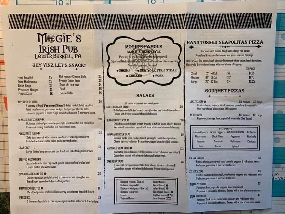 Menu at Mogie's Irish Pub, Lower Burrell