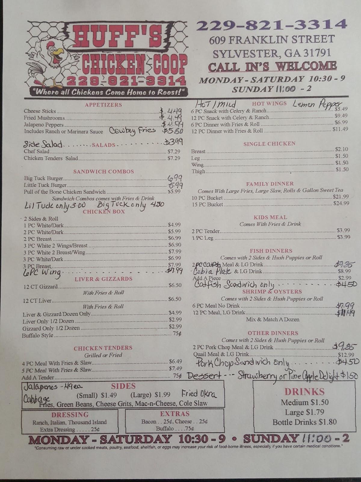 Menu at Huff Chicken Coop restaurant, Sylvester